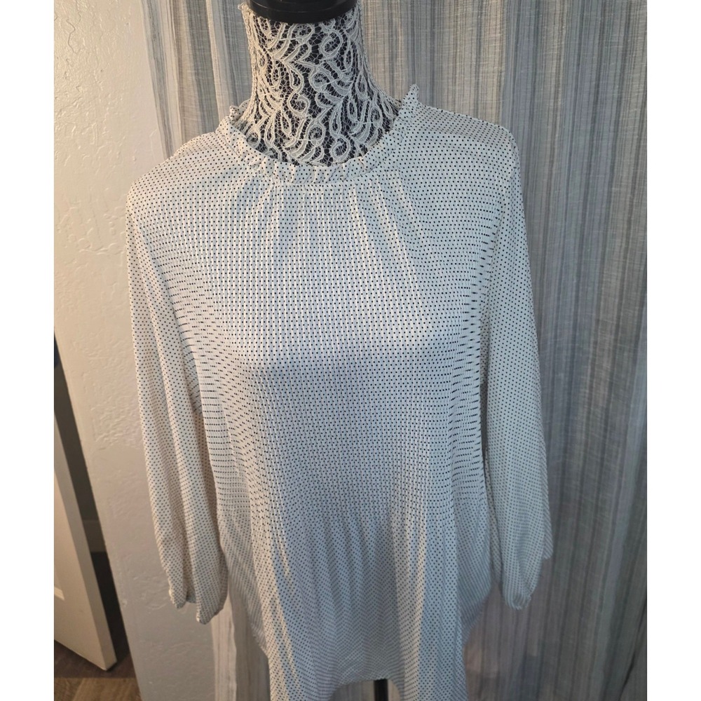 Adrianna Papell Long Sleeve Tunic Blouse Womens XL White Black Micro Dot Top